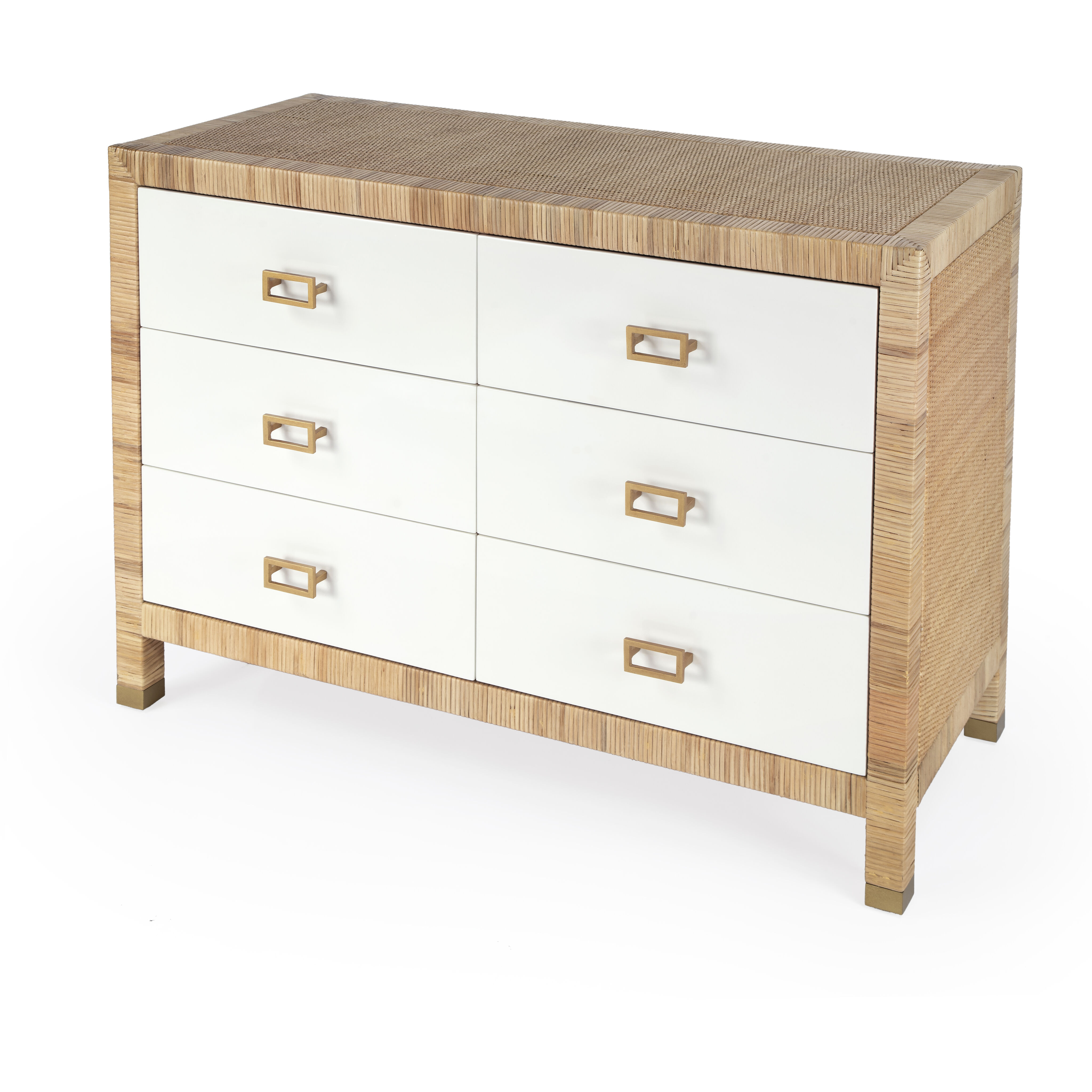 Corfu 6 Drawer Natural Rattan Double Dresser in Natural and White