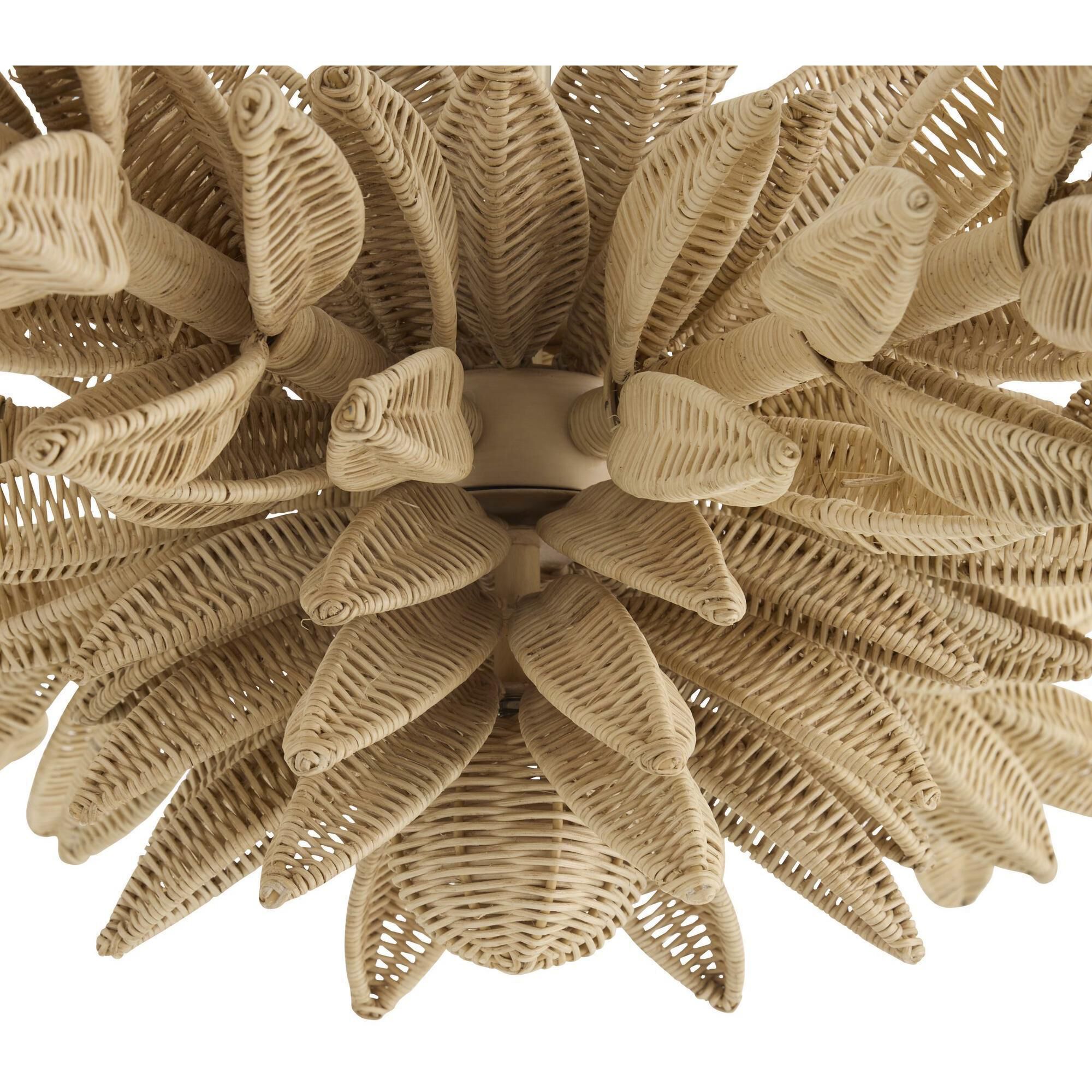 Kasai 6 Light 36.5 inch Natural Rattan and Antique Brass Semi-Flush Mount Ceiling Light