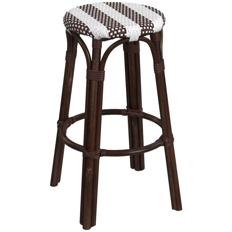 Tobias Round Rattan 30" Bar Stool in White and Brown Stripe