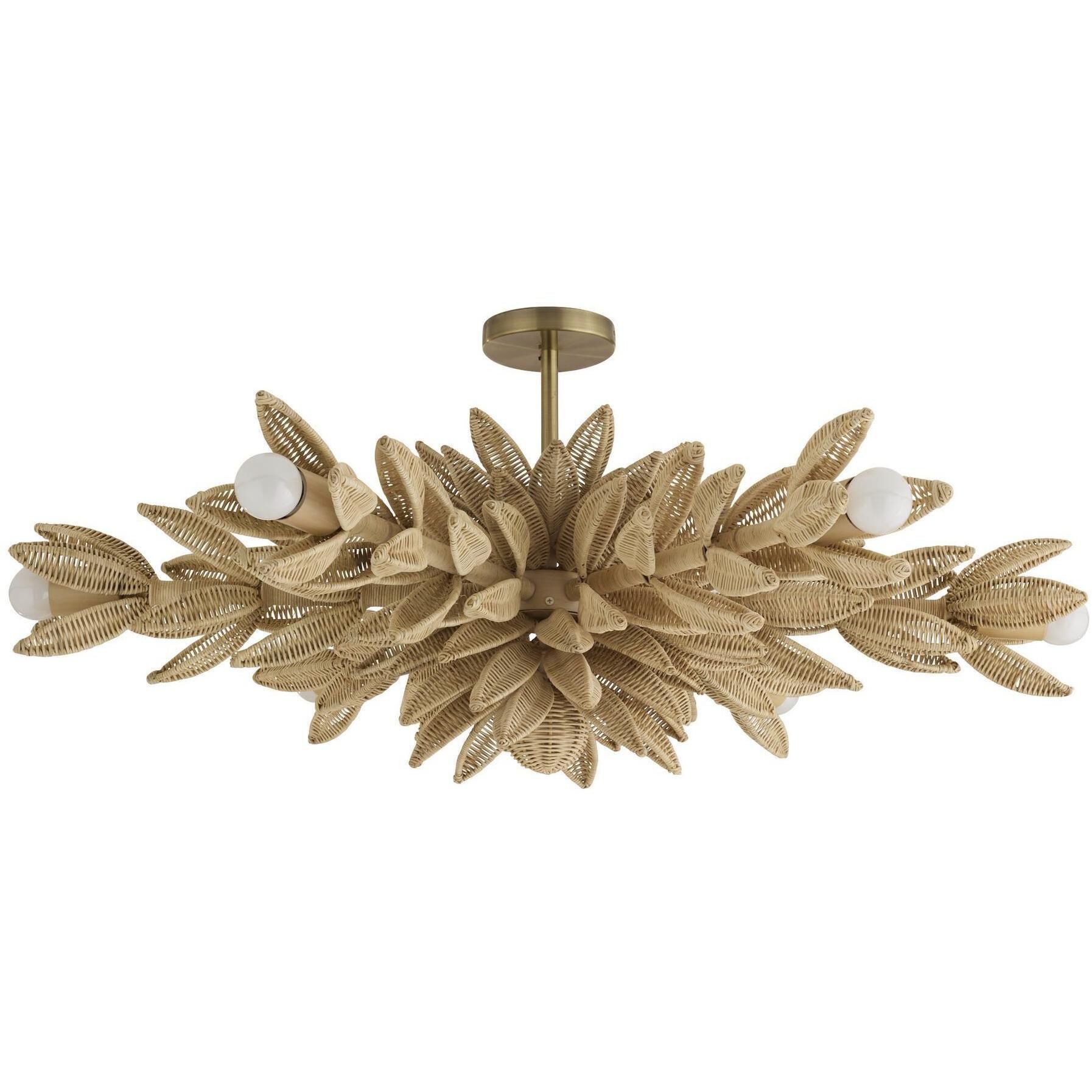 Kasai 6 Light 36.5 inch Natural Rattan and Antique Brass Semi-Flush Mount Ceiling Light