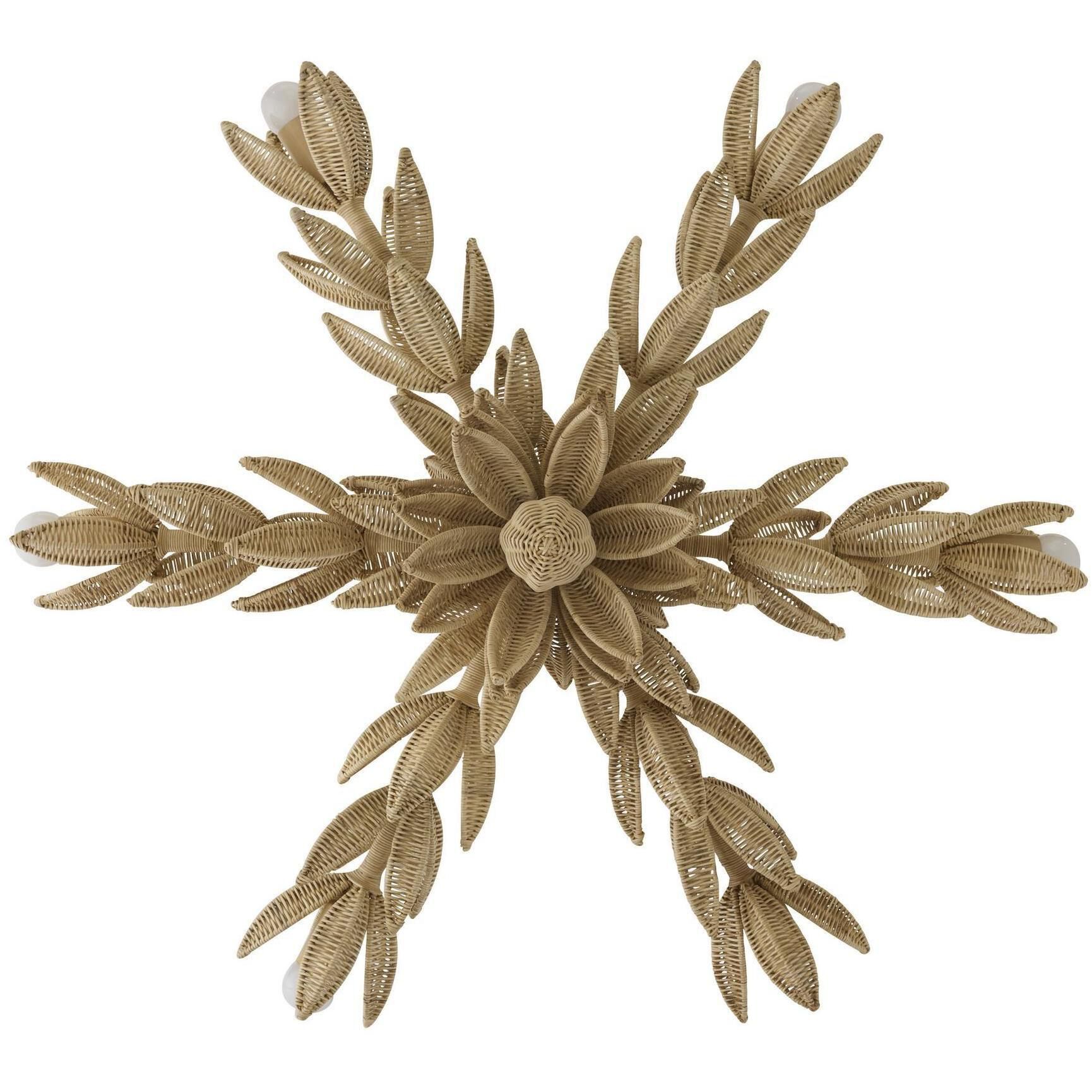 Kasai 6 Light 36.5 inch Natural Rattan and Antique Brass Semi-Flush Mount Ceiling Light