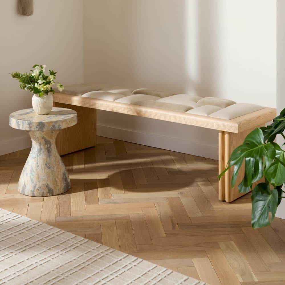 Fairfield Greige Leather and Taupe Suede with Blonde Wood Bench