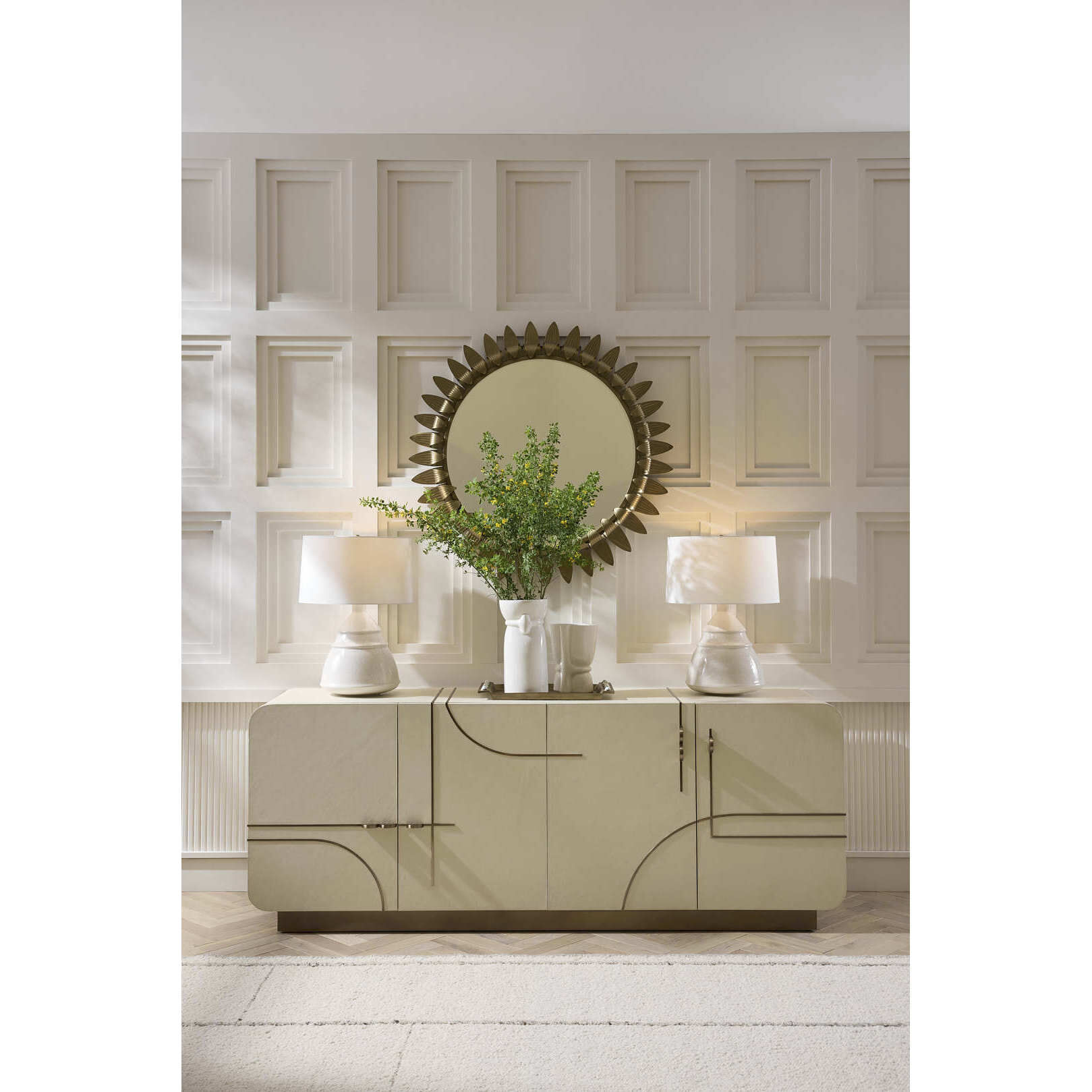 Montevito 84.5 inch Ivory and Antique Brass with Satin Walnut Credenza