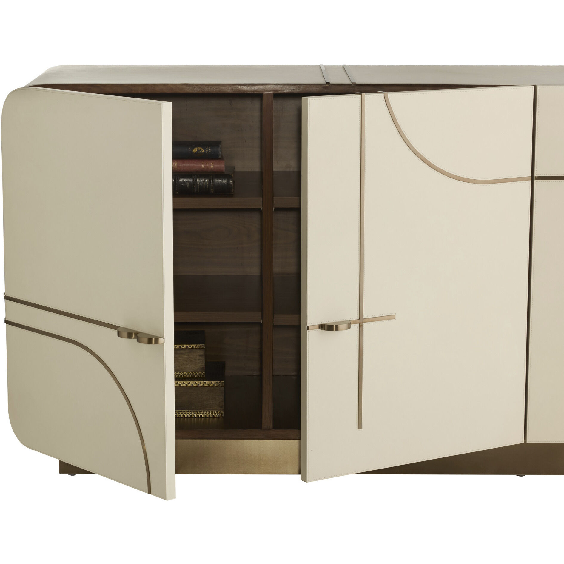 Montevito 84.5 inch Ivory and Antique Brass with Satin Walnut Credenza