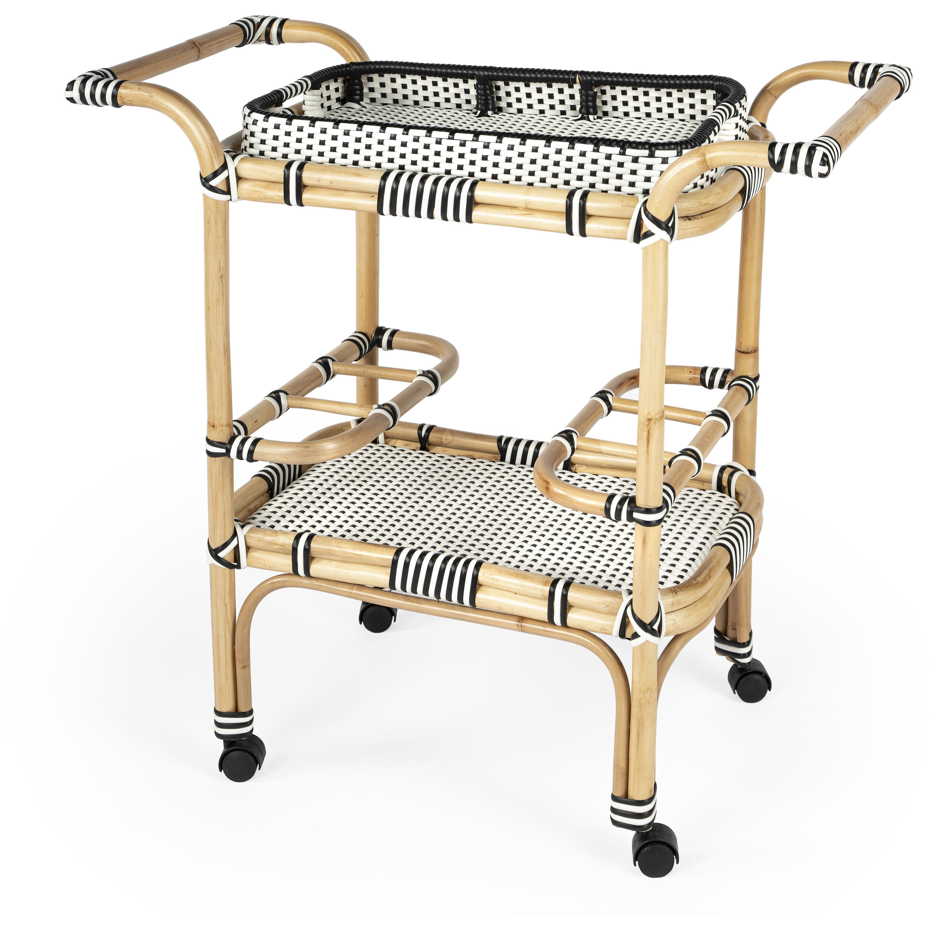 Selena & Rattan Bar Cart in Black and White,Natural