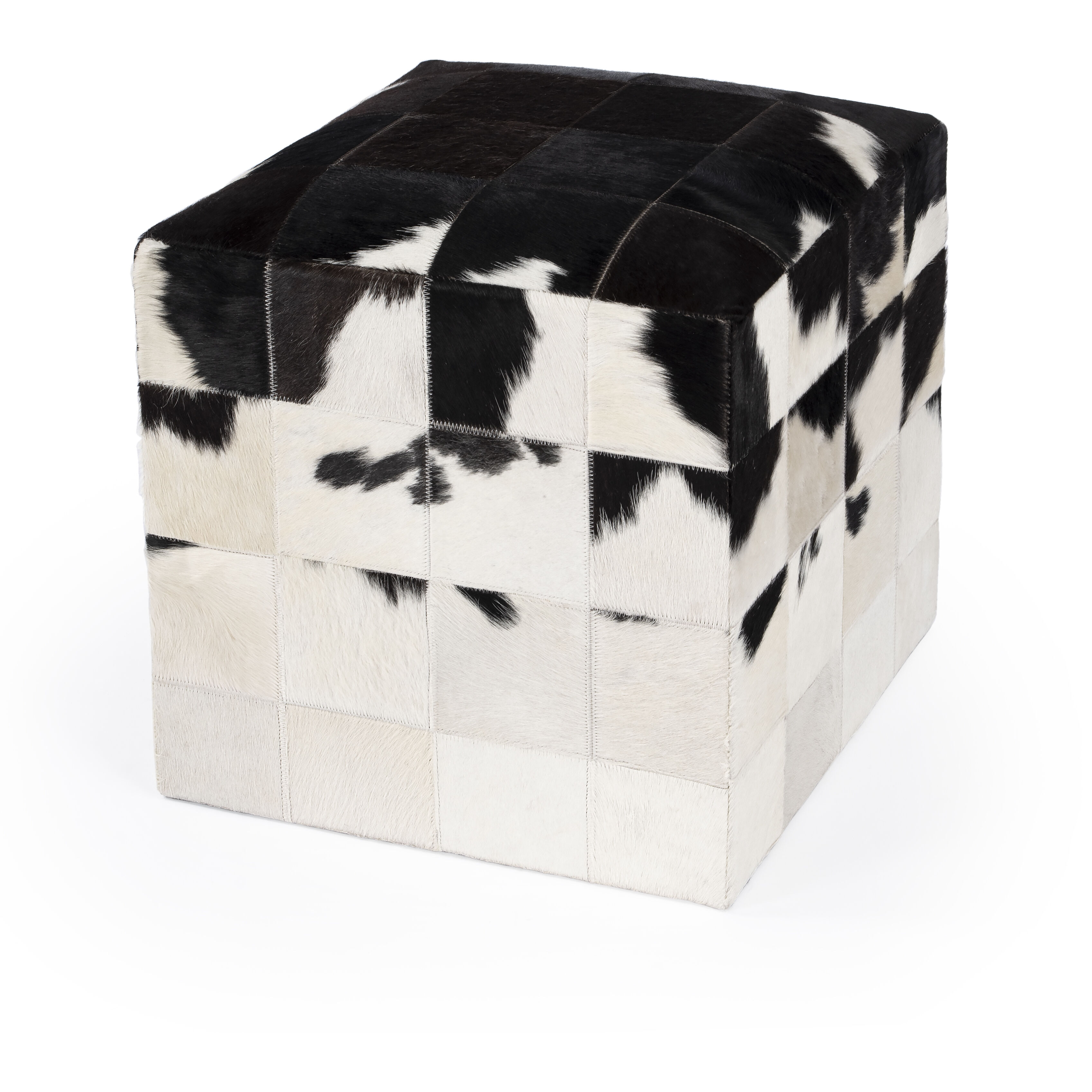 Victorian Hair on Hide Cube Ottoman in Black and White