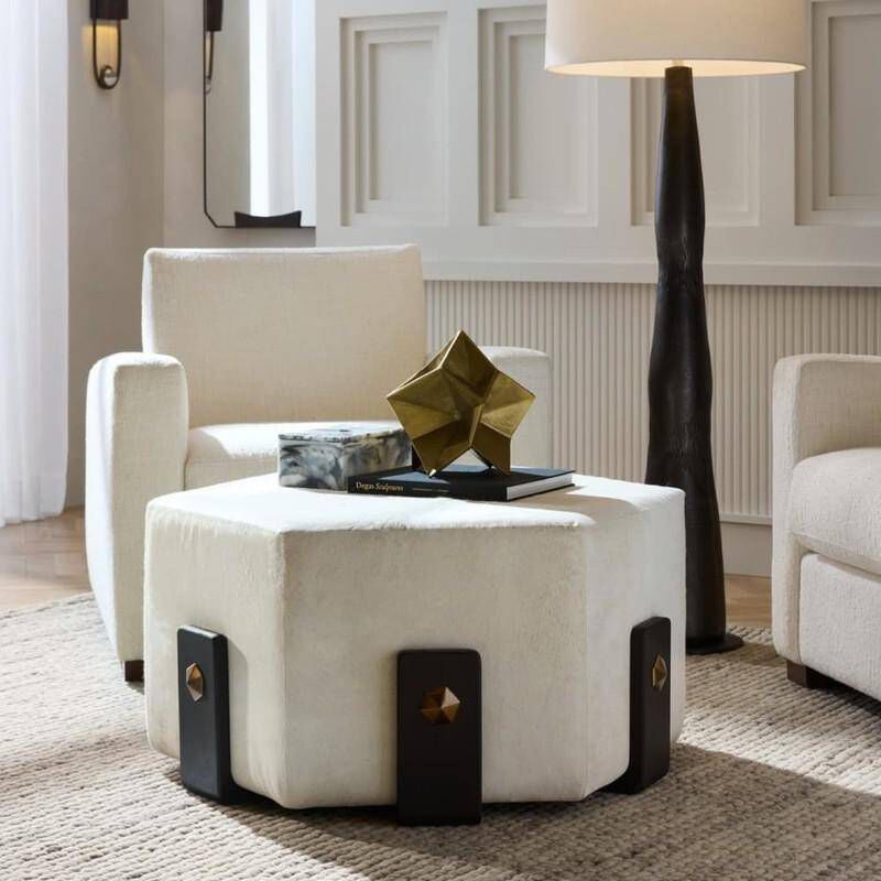 Ivonne 18 inch White and Ebony with Antique Brass Ottoman