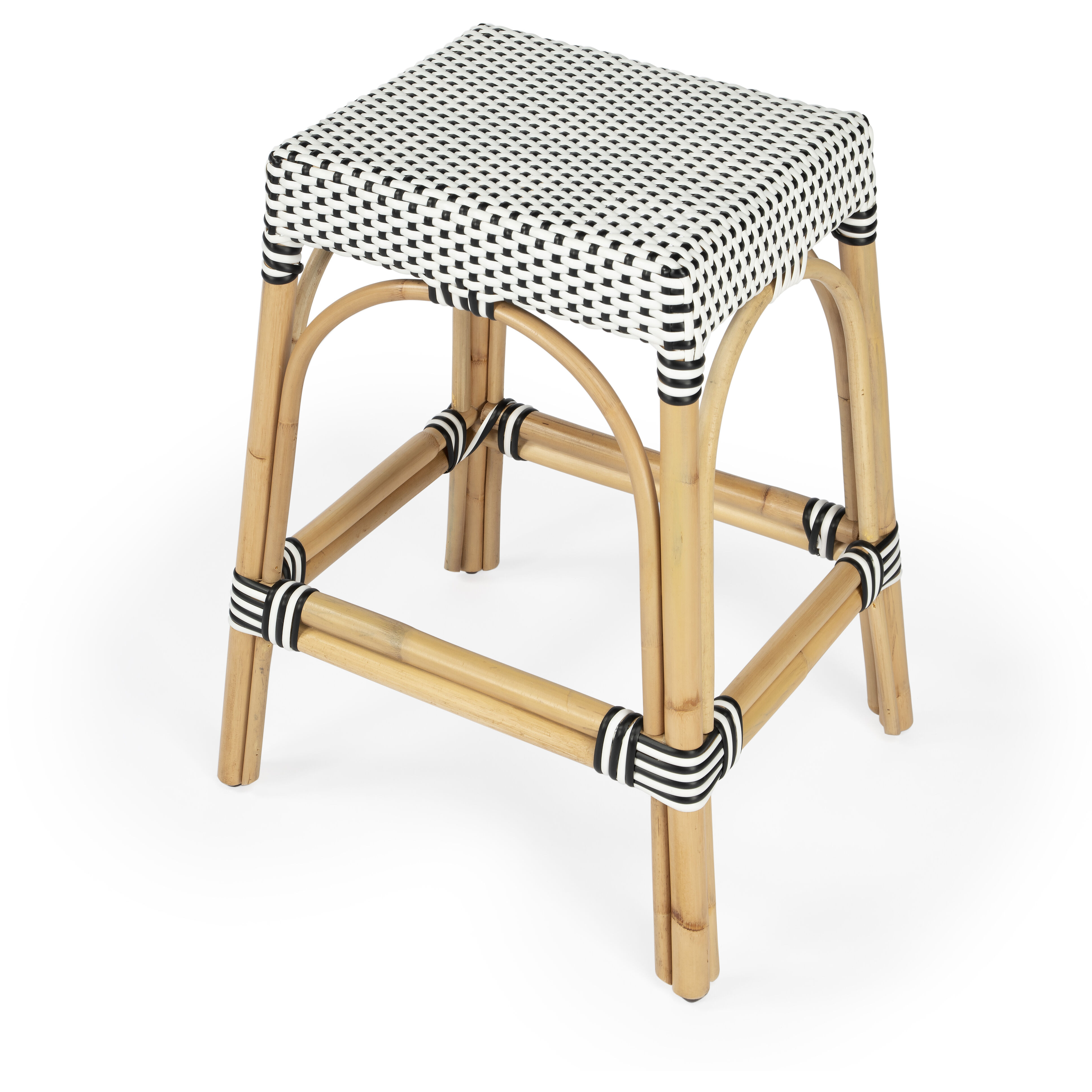 Robias Rectangular Rattan 24.5" Counter Stool in White and Black Dot