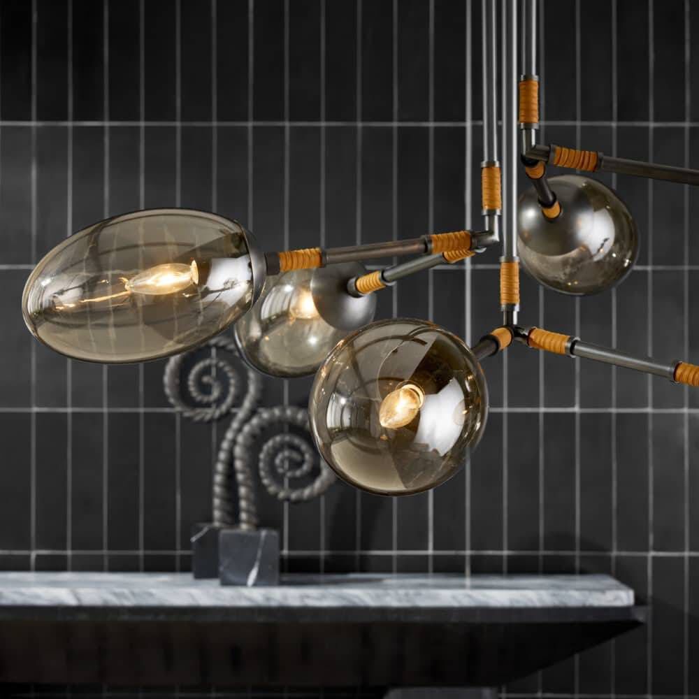 Falcon 6 Light 41 inch English Bronze and Cognac Leather Chandelier Ceiling Light