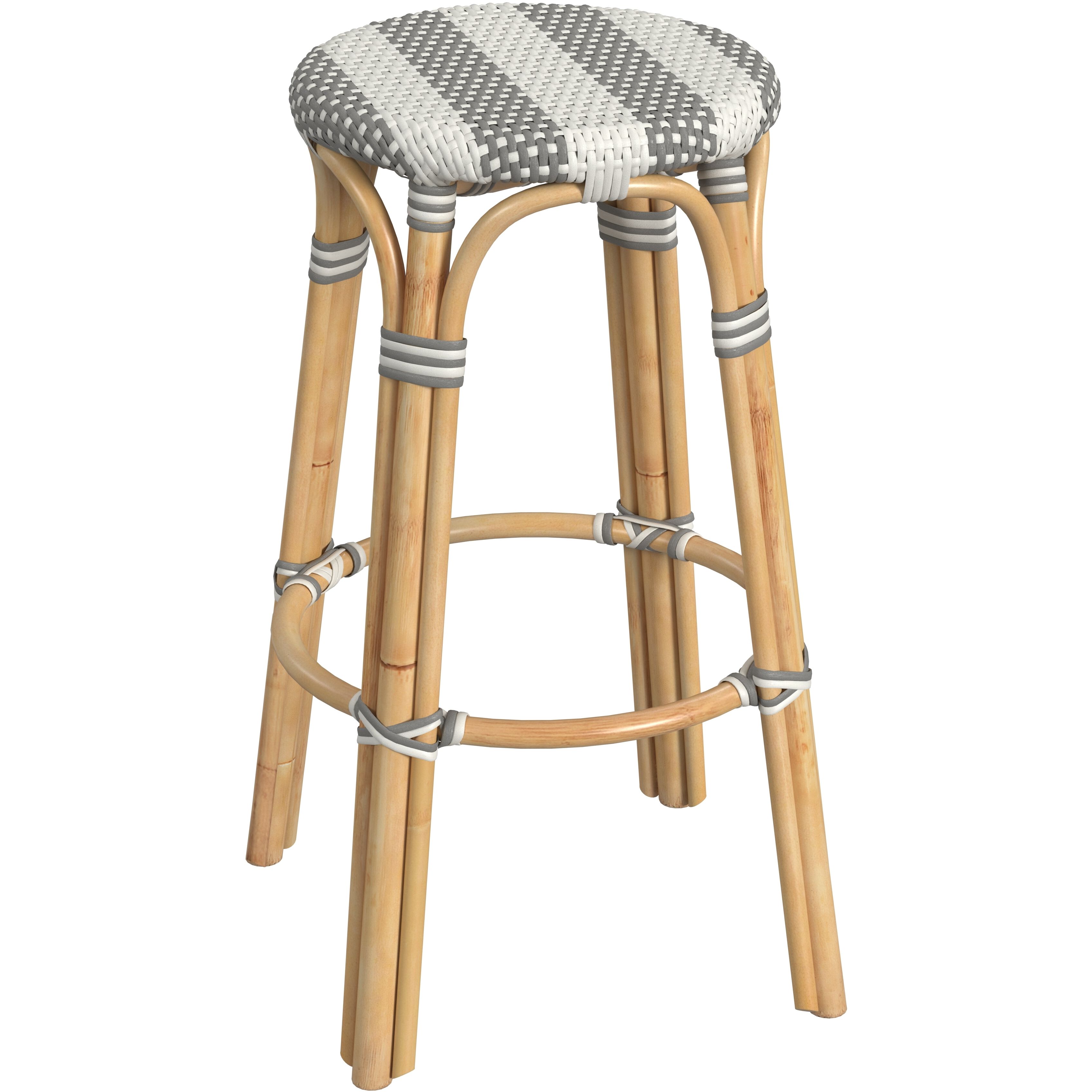 Tobias Round Rattan 30" Bar Stool in Gray and White Stripe