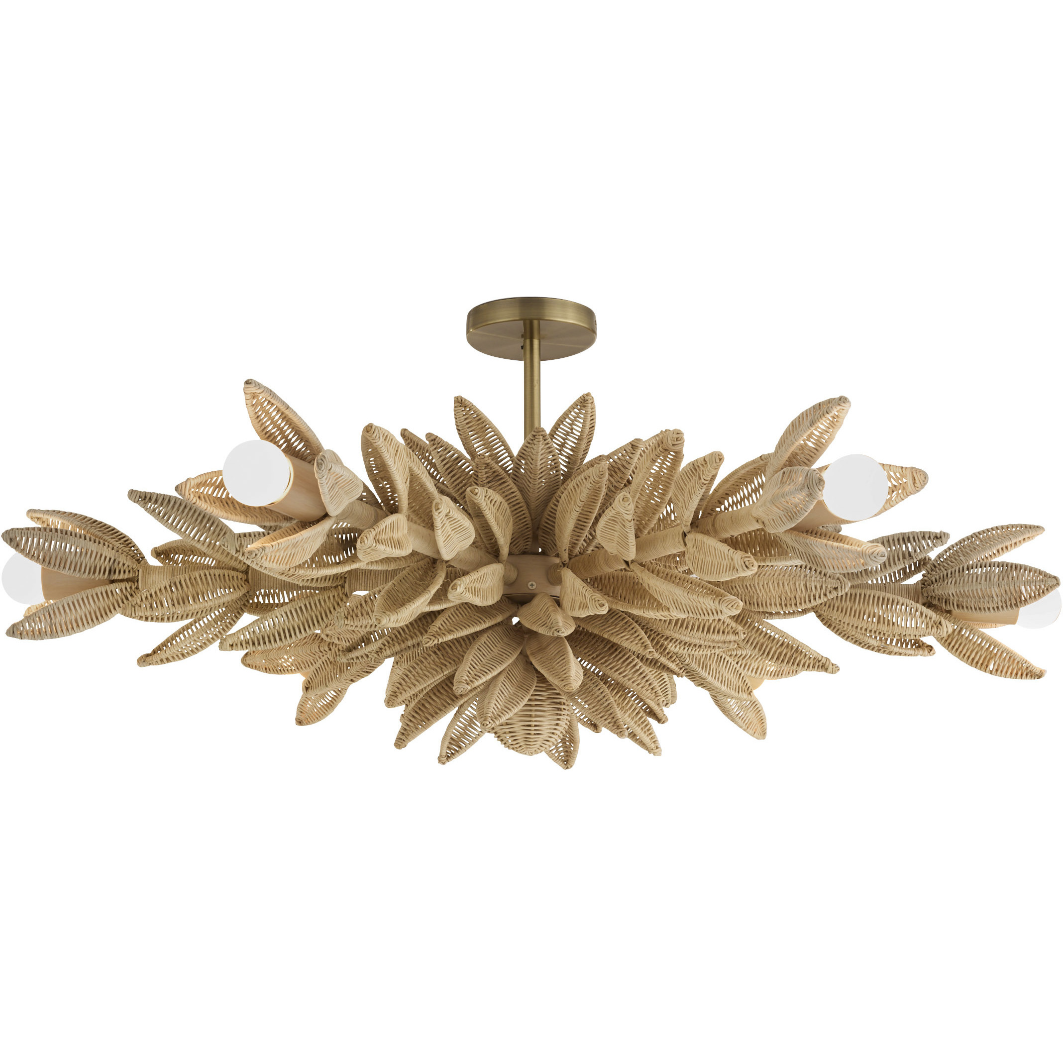 Kasai 6 Light 36.5 inch Natural Rattan and Antique Brass Semi-Flush Mount Ceiling Light
